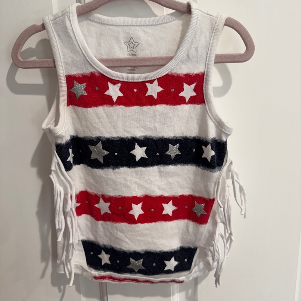 Way to Celebrate 2T Girls Star-Patterned Patriotic 4th of July Fringe Tank Top